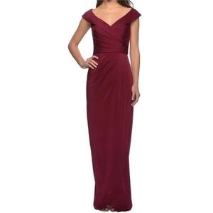 La Femme Surplice Off The Shoulder Column Gown Burgundy size 2